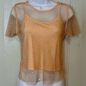 Sunday in Brooklyn Rhinestone Nude Mesh Crop Top